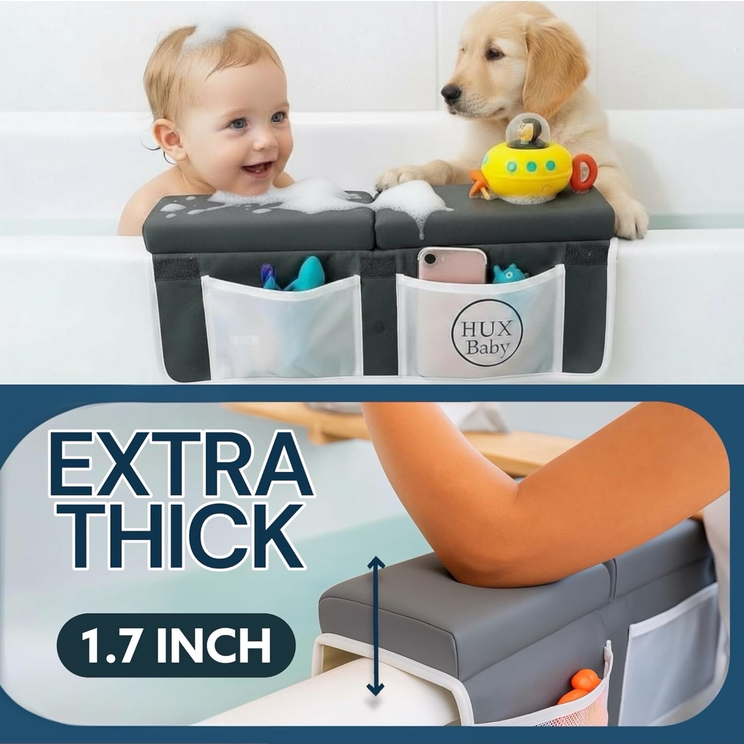 Comfortable Baby Bath Kneeler and Elbow Rest Pad Set, Non-Slip Bathtub Kneeling Pad for Bathing Baby, Bath Tub Cushion Mat, Elbow Pads, Toy Organizer Storage Pockets, Strong Suction Cups, Dark Gray