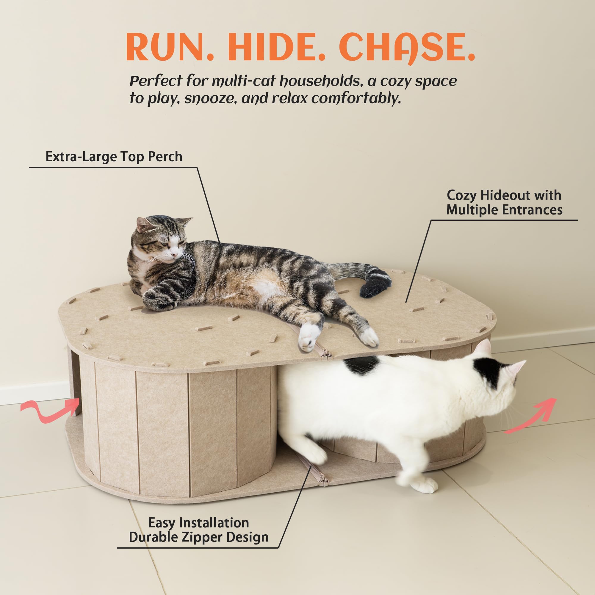 PETKARAY Großer Katzentunnel aus Filz, doppeltes S-förmiges Versteck für Indoor-Katzen, interaktives Katzenbett, Höhle und Versteck 86,4 x 57,9 x 25,9 cm, Beige