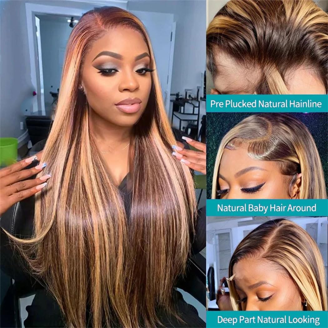 Womens Highlight Straight Lace Front Human Hair Wig Ombre Honey-Blonde 13x6 Lace Pre Plucked With Baby Hair wigs