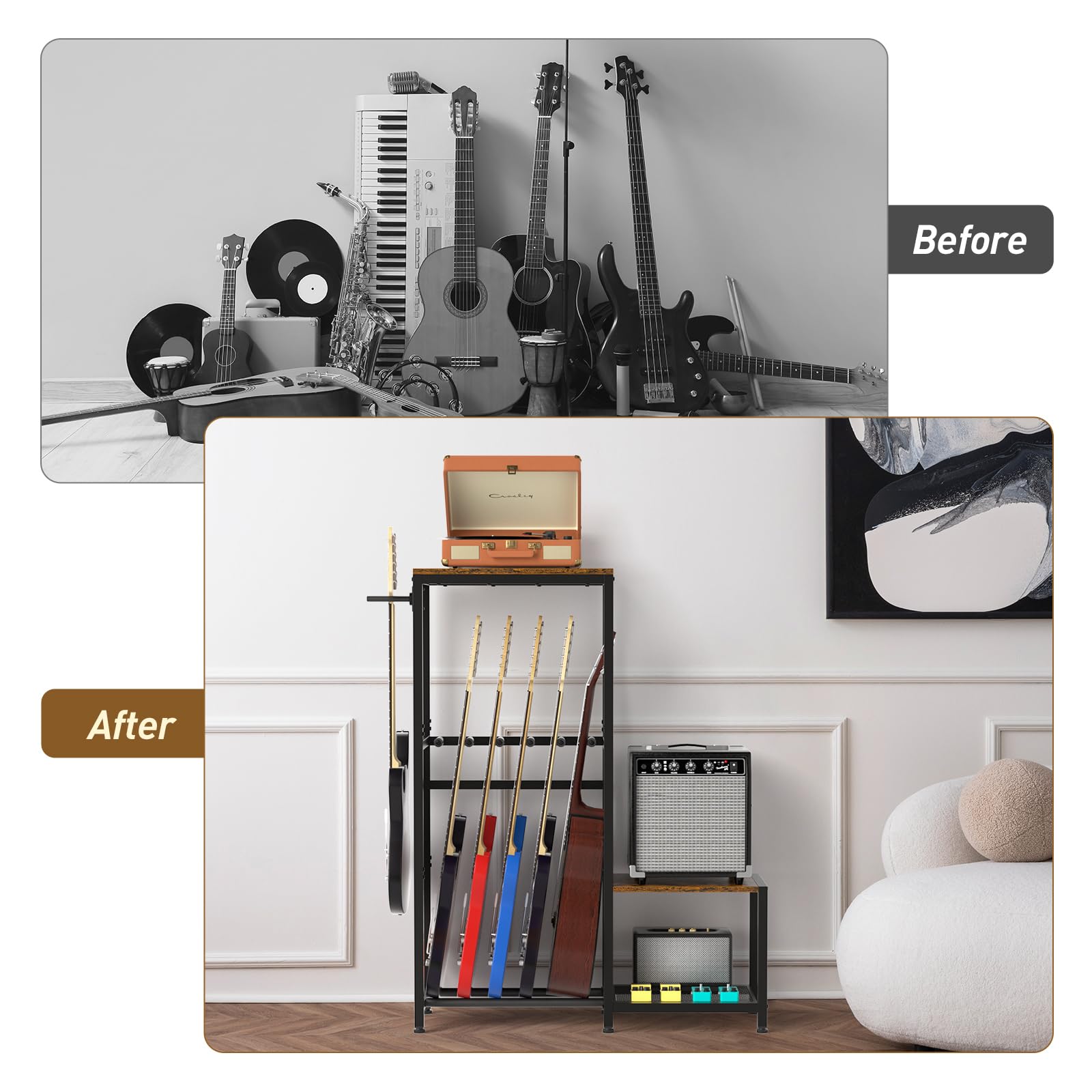 ikkle Soporte de guitarra para soporte acústico, guitarra eléctrica, bajo, ukelele, accesorios de amplificador de guitarra y soporte múltiple para discos de vinilo, con mesa auxiliar para estudio de