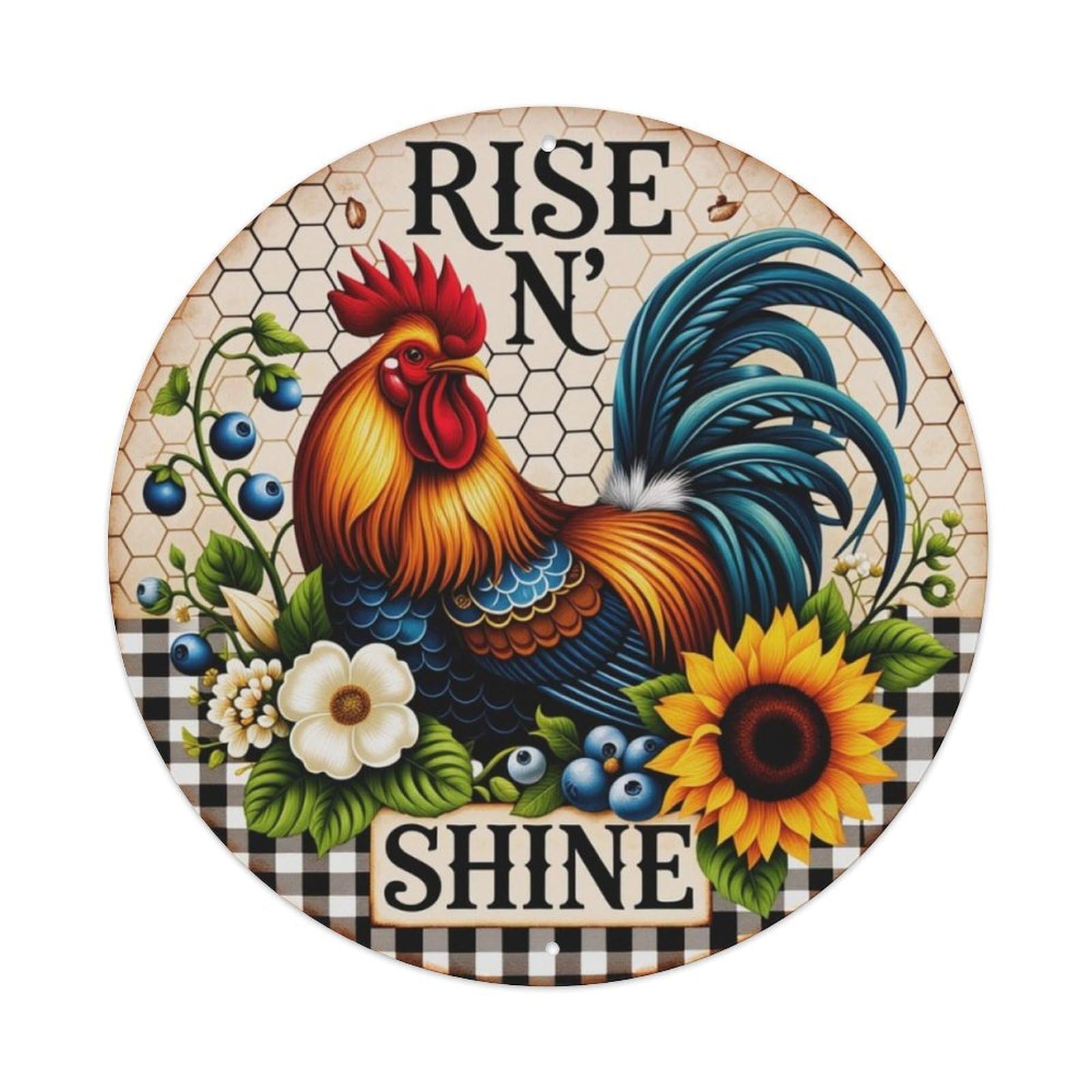 Farm Rooster Sunflower Country Style Round Decor Sign Vintage Aluminium Metal Sign, Retro Wall Decor for Home, Bar, Garage & Farmhouse 20x20cm