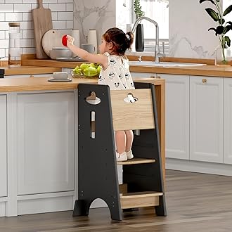 COSYLAND Toddler Standing Tower Adjustable Height - Super Stable Toddler Kitchen Stool Helper with Protive Panel - 3 Levels Adjustable Wooden Kitchen Stool for Kids (Natural & Dark Gray)