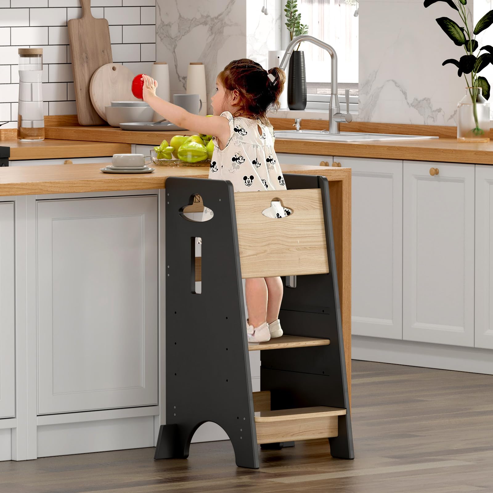 COSYLAND Toddler Standing Tower Adjustable Height - Super Stable Kids Kitchen Stool Helper - 3 Levels Adjustable Wooden Toddler Kitchen Stool (Natural & Dark Gray)