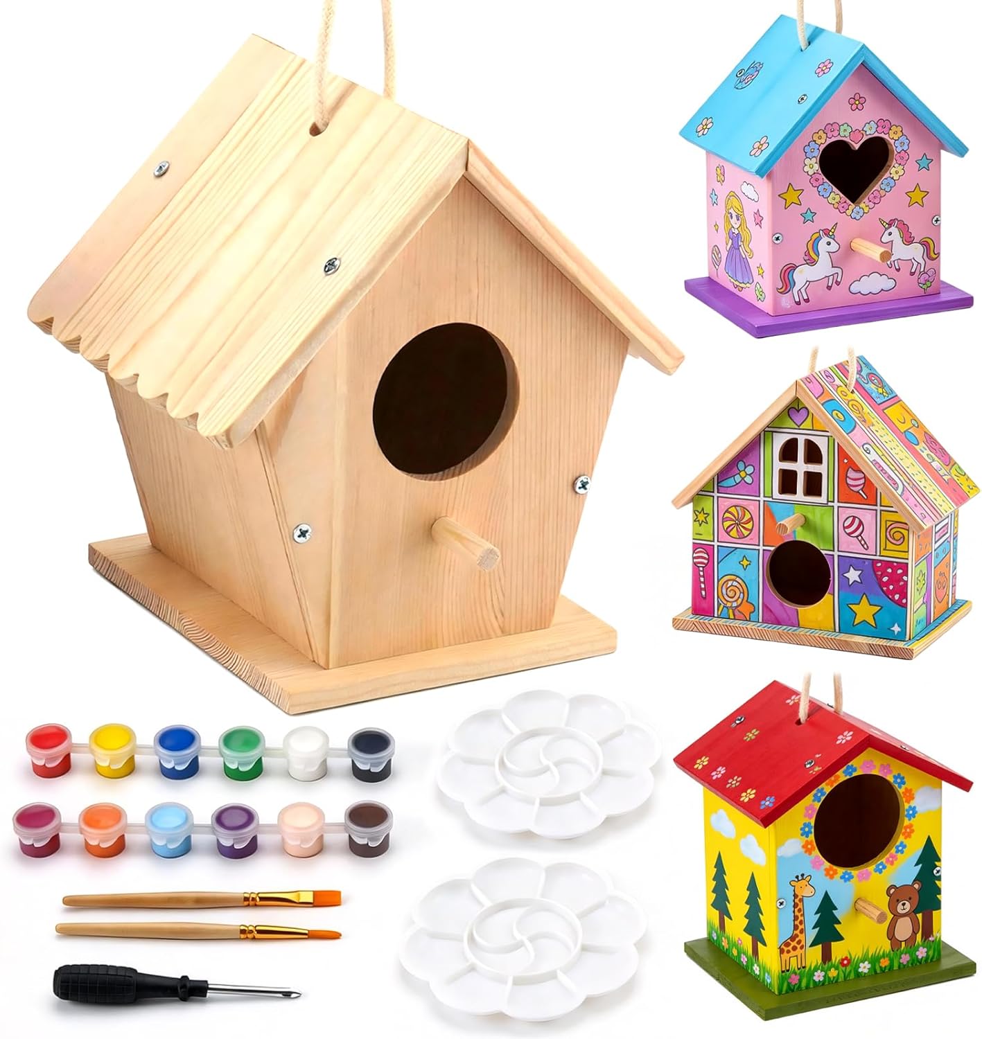 AluAbi 4 Pack DIY Bird House Kit, Thickened Wooden Birdhouse Crafts for Kids with Paints Brushes Screwdriver, DIY Arts and Crafts for Children, DIY Birdhouse Set for Halloween Christmas Birthday