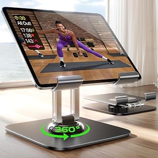 LISEN Adjustable iPad Tablet Stand Desk Holder - 360° Rotating Al-Ti Alloy Stand for 4.7-12.9" iPad, Kindle, Switch, Foldable Office Accessory
