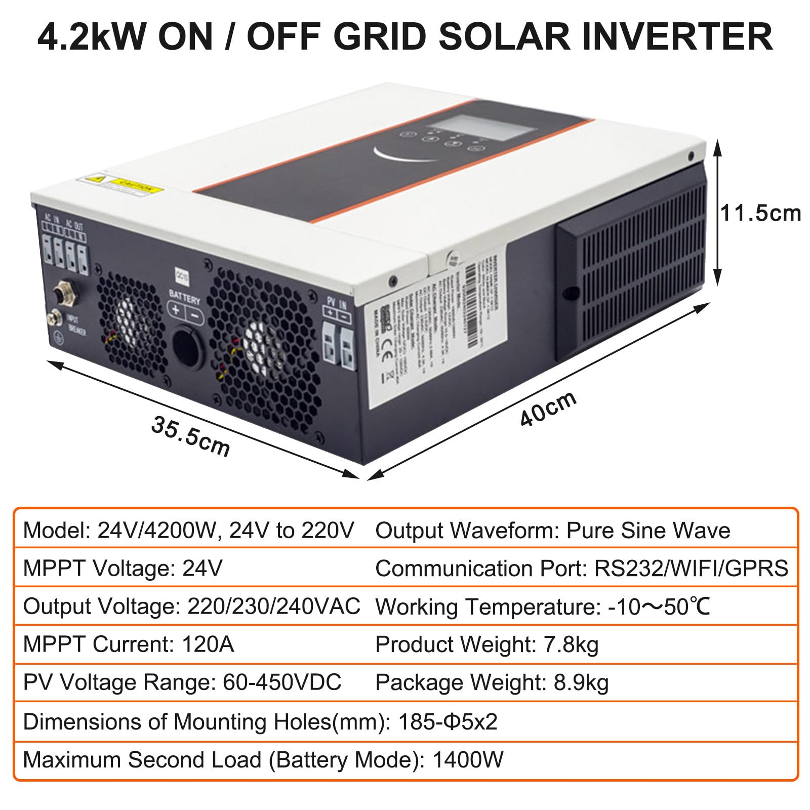 Falownik Hybrydowy Solarny On/Off-Grid 4,2 KW 6,2 KW 8,2 KW 10,2 KW z Kontrolerem Mppt, Falownik Solarny o Czystej Fali Sinusoidalnej z Wyświetlaczem Lcd,24V/4200W