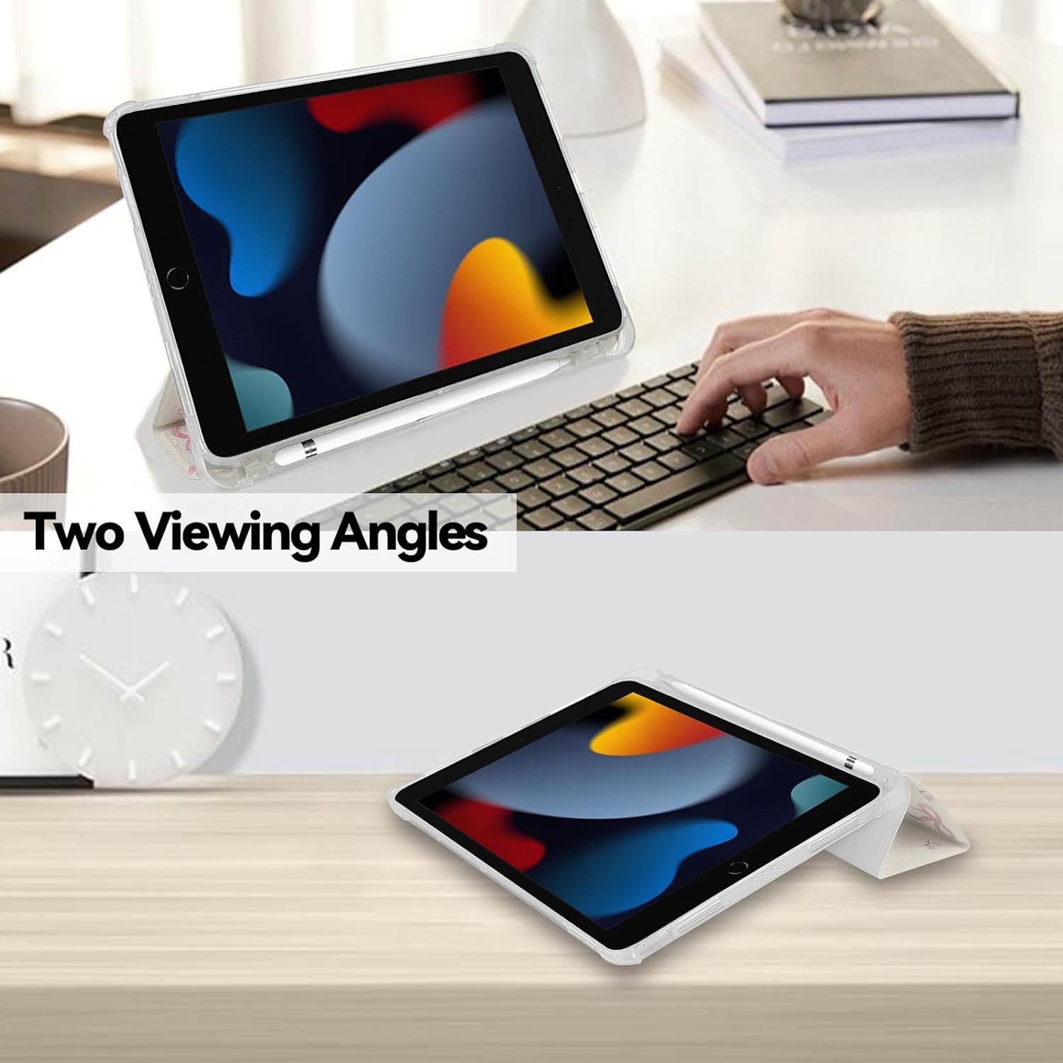 Lovmooful Compatible for iPad 9/8/7 (10.2-Inch,2021/2020/2019 Model,9th/8th/7th Generation) Case with Pencil Holder Cute Bowknot Ribbon with Flower Design Soft TPU Trifold Stand Protective-White&Pink - Image 2