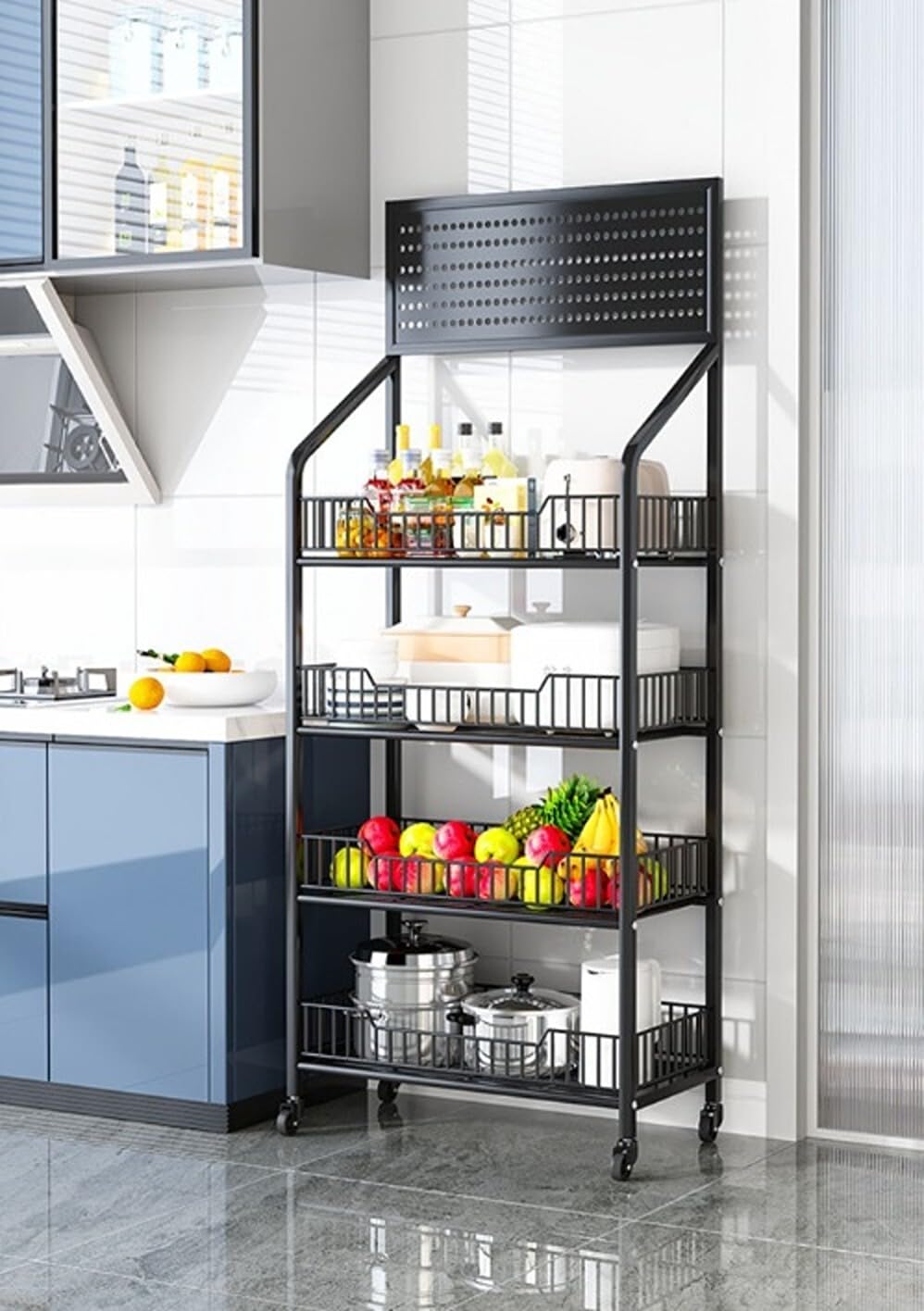Scaffalature per negozi al dettaglio – 140 x 50 x 27 cm – Scaffalature per negozi con 4 ruote – Scaffale per stoccaggio con 4 ripiani – Scaffale da officina con 5 ganci a parete forata – Scaffale per