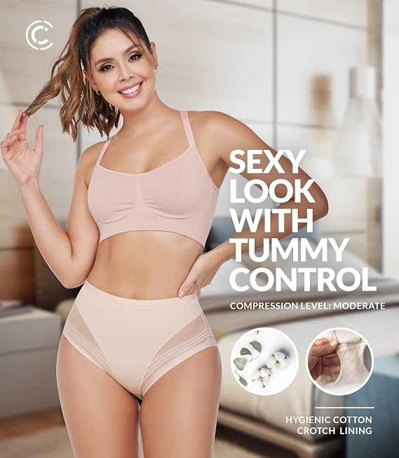 CURVEEZ High Waisted Tummy Control Stripe Lace Underwear, Shapewear Panties for Women, Thong for FUPA Control