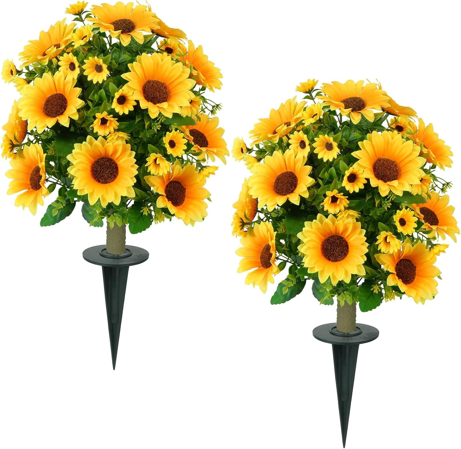 24" Artificial Boxwood Topiary Ball Tree with Ground Spike for Outdoor Planters, UV Resistant & Waterproof Sunflower Bushes for Faux Shrubs, Fake Outdoor Plants for Porch Garden Yard, Set of 2