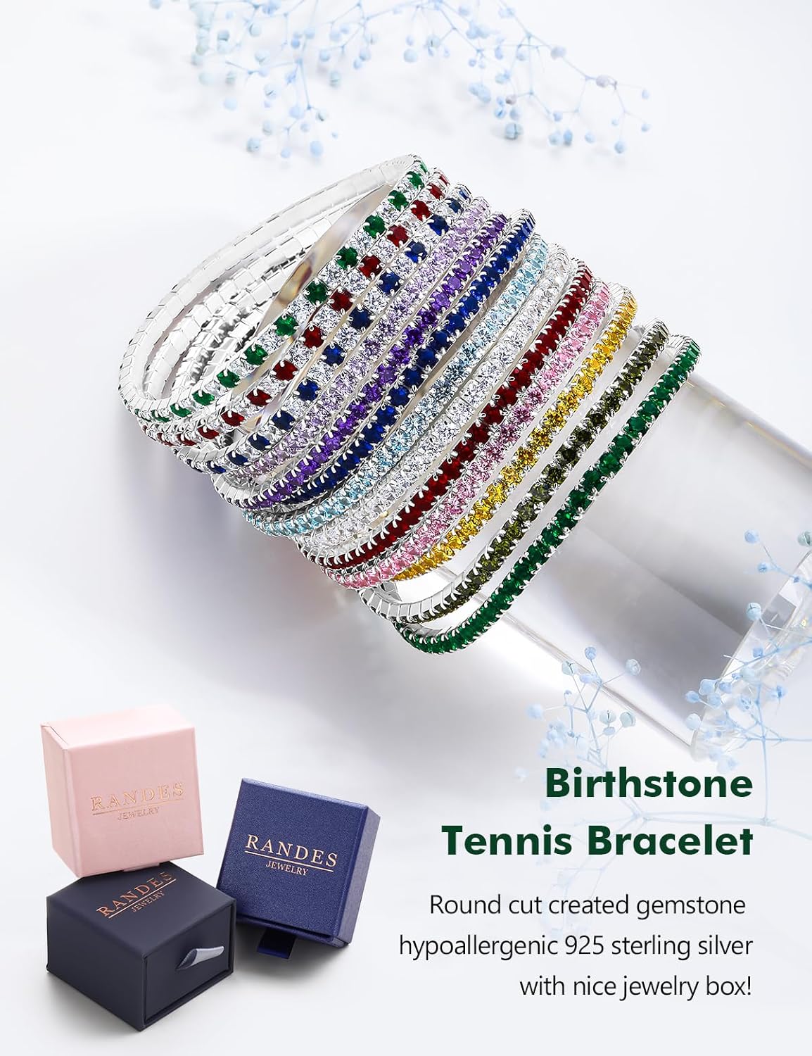 Cubic Zirconia Tennis Bracelet for Women Sterling Silver 3mm Round Created Ruby/Sapphire/Emerald Gemstone Birthstone Stretchy Bracelets Stack, 7.25-8 Inch