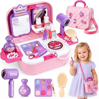 Toylink Toddler Vanity Makeup Set, Kids Portable Makeup Kit with Mirror Hairdryer Pretend Princess Toys Real Cosmetic Set, All-in-1 Play Purse, Birthday Gifts for 3 4 5 6 Years Old Girls