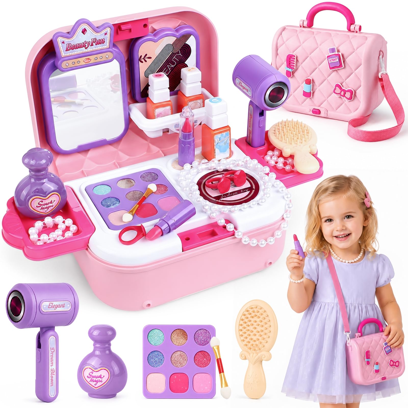 All-In-One Kids Portable Makeup Kit for Girls with Mirror Hairdryer Lipstick Accessories Shoulder Bag Pretend Princess Toys Pretend Cosmetic Set with Carry Case Birthday Gifts for 3 4 5 Years Girls