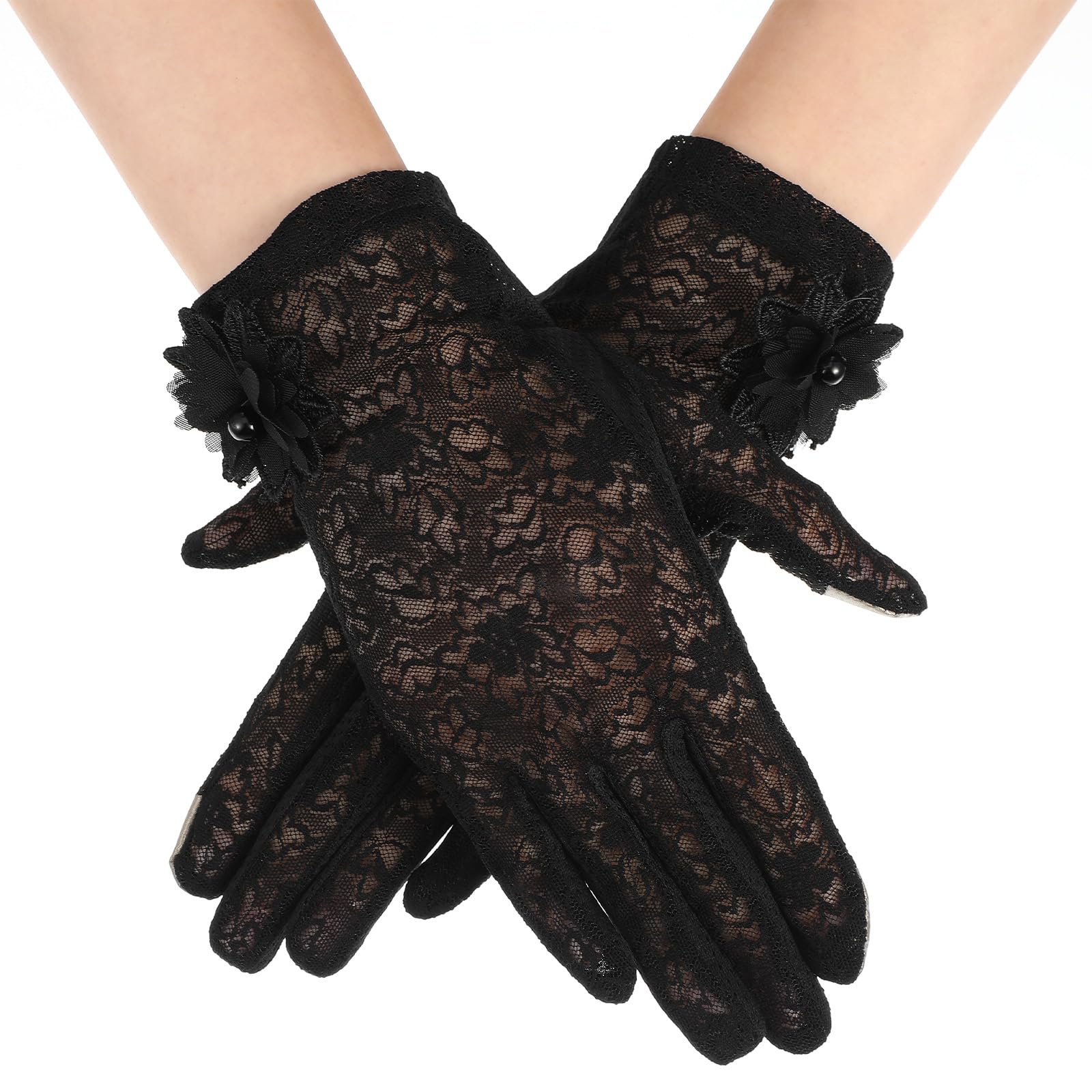 Koronkowe rękawiczki, krótkie kwiatowe rękawiczki na przyjęcie herbaciane dla kobiet, eleganckie akcesoria do sukni ślubnej, do opery, Halloween, kolacji, imprezy (czarne)