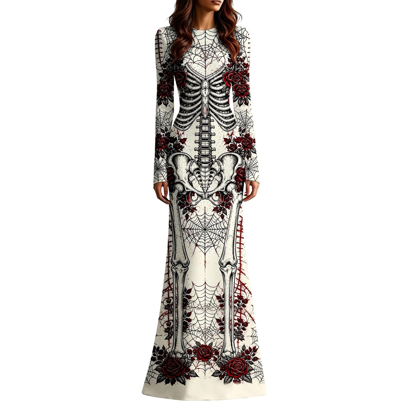 Women's Skeleton Print Mermaid Maxi Dress Long Sleeve Halloween Dresses for Women 3D Digital Print Floral Gothic Fancy Dress Costume
