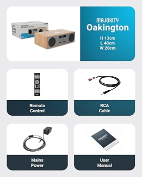 Dab + Radio & Cd Player | Compact Wooden Hi-Fi Music System | Bluetooth Digital Home Stereo | Fm, 20 Presets, Radio Alarm, Remote Control | Aux & Usb Input | Usb Charging | Majority Oakington (Oak)