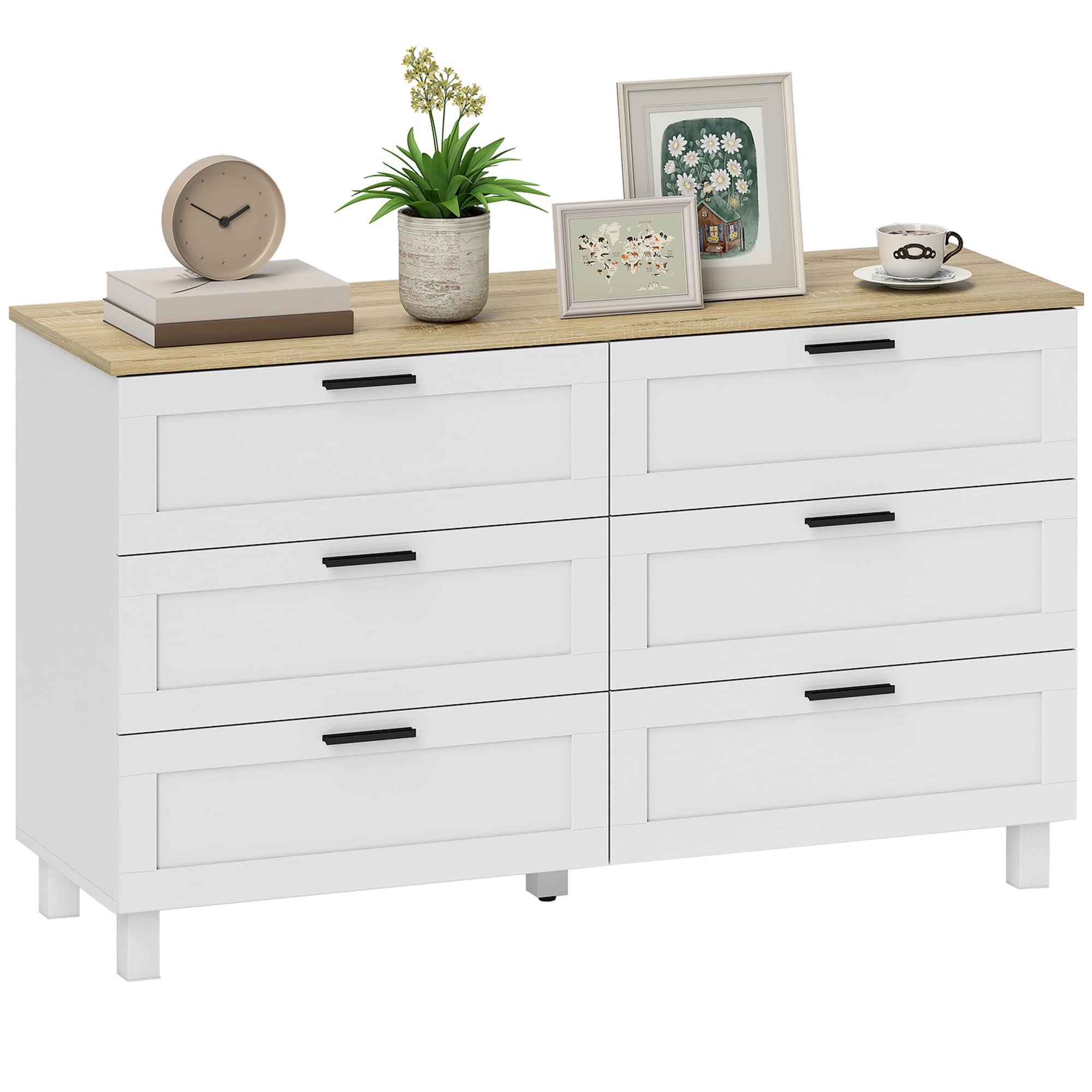 HOMCOM Commode 6 tiroirs, Meuble de Rangement avec Pieds en Bois de pin, Style Moderne, Commode pour Chambre à Coucher, Salon, Couloir, 120 x 38 x 71 cm, Bois Naturel et Blanc