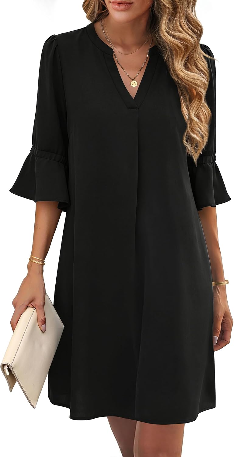 RUMIA Shift Dress for Women V Neck Ruffle Sleeve Loose Summer Office Work Casual Dress