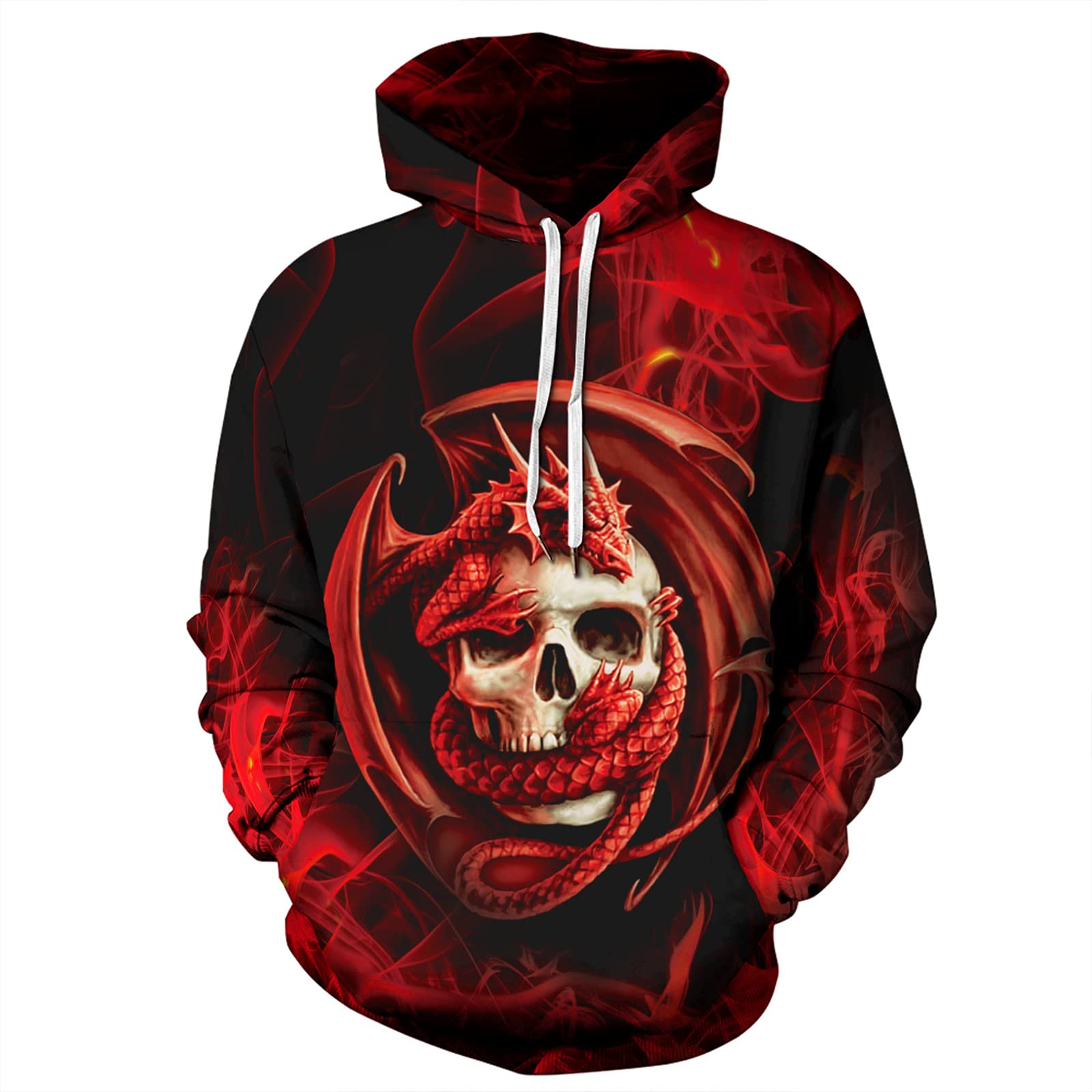Keepmore Women's # 4 Unisex Long Sleeve Sweatshirts 3D Flame Skull Print Hoodie Fashion Hit Color Pullover Lightweight Drawstring Sportswear