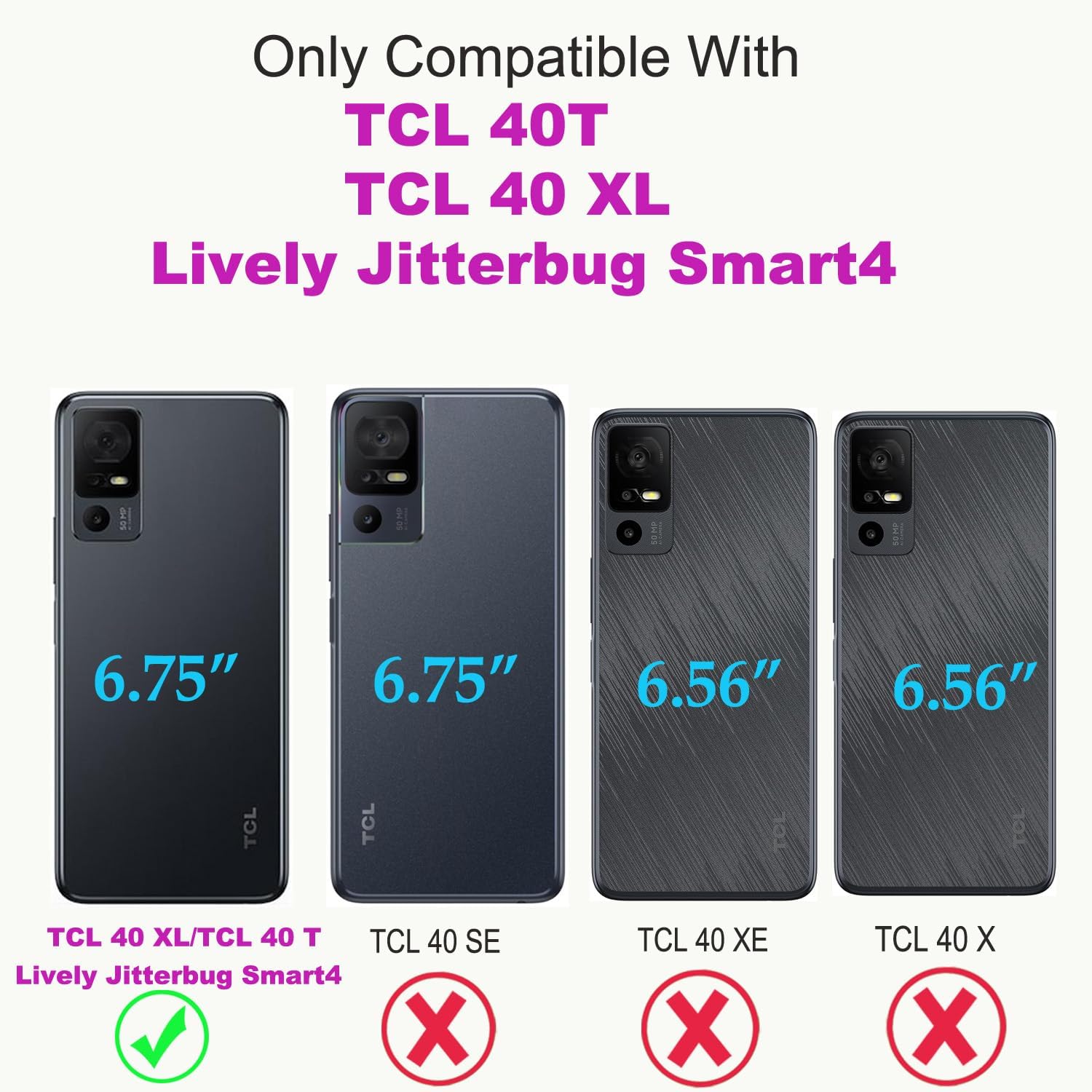 for TCL 40 XL/TCL 40 T/Lively Jitterbug Smart4 Phone Wallet Case with Screen Protector Zipper Pocket Card Slots Cell Phone Case Floral Butterfly Cover for TCL 40XL 40T Jitterbug Smart 4 Black