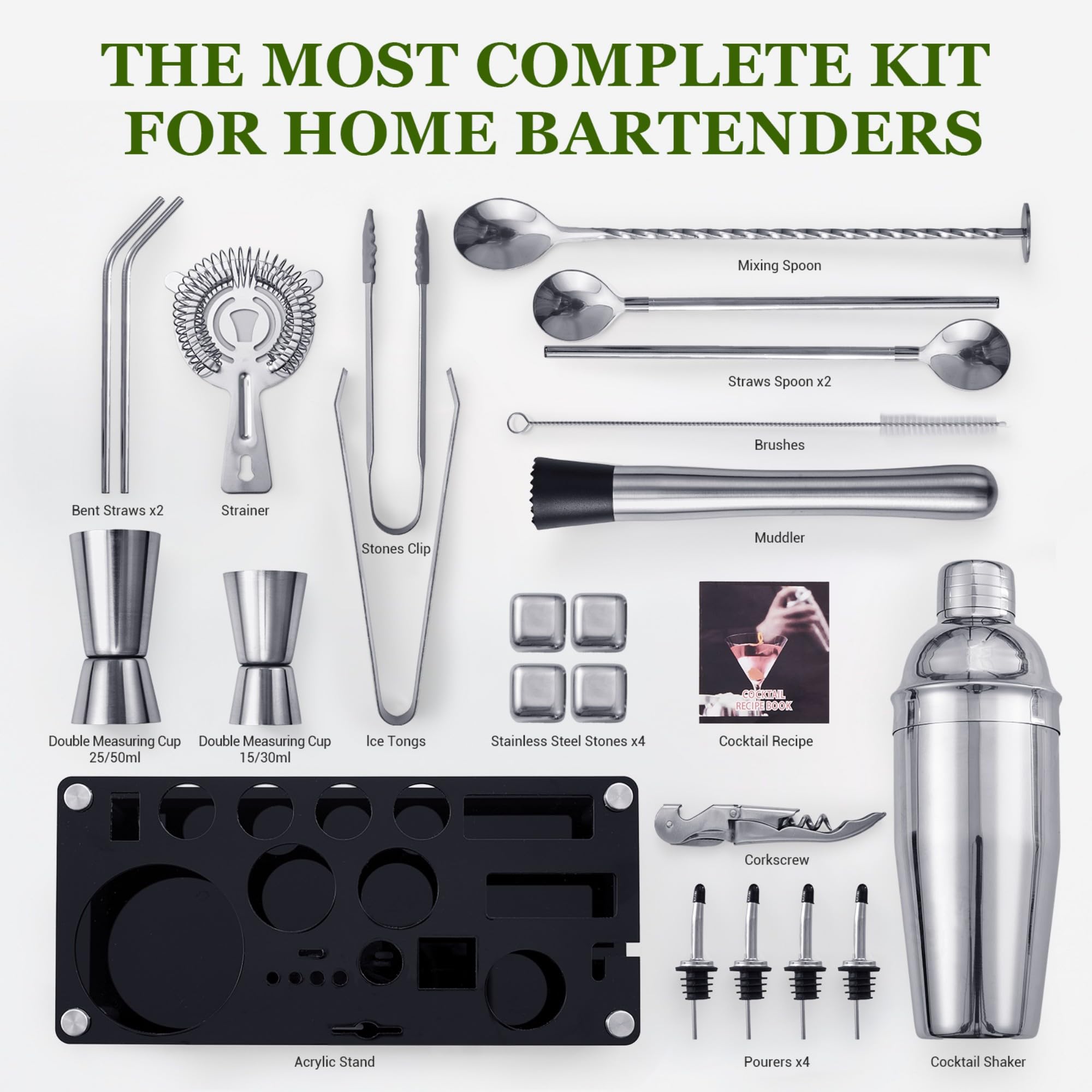 Ensemble Shaker à Cocktail, 23 pièces en Acier Inoxydable avec Support en Acrylique et livret de Recettes de Cocktails, Outils de Bar Professionnels pour mélanger Les Boissons, Maison, Bar, fête