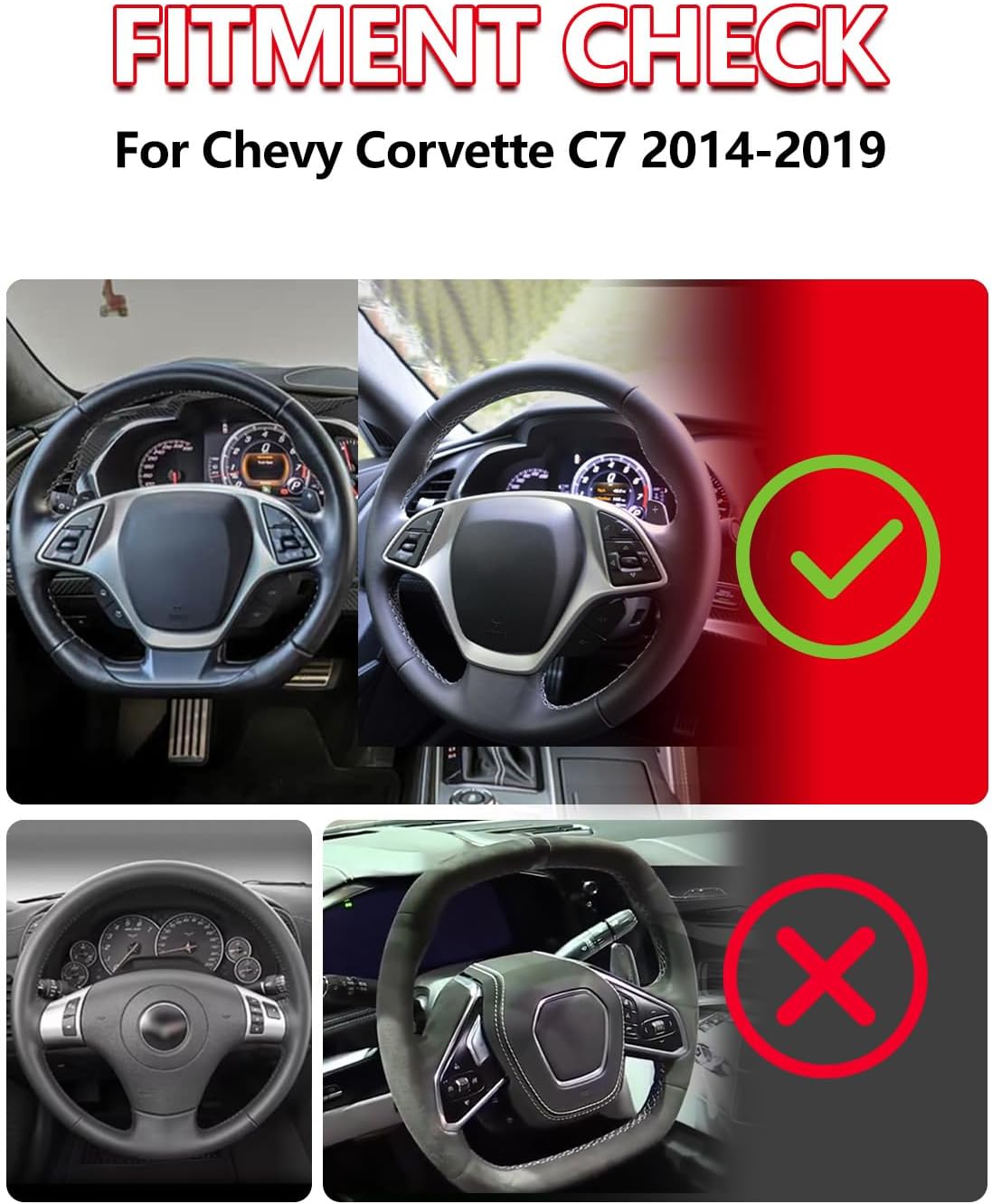 Real Carbon Fiber Steering Wheel for Chevy Corvette C7 2014-2019 Stingray Z06 Grand Sport ZR1 Z51, Flat Bottom D-Shape Red Stripe Perforated Leather, Customized Interior Upgrade Direct Replacement