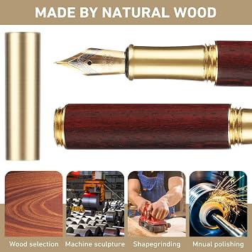 Andibro Vintage Wooden Mini Fountain Pen, Short Pocket Travel Fountain Pen Fine Nip Pen Fancy Pens Smooth Writing with 15 Pcs 2.6mm Black Ink Cartridges for Journaling Office School Supplies(B)