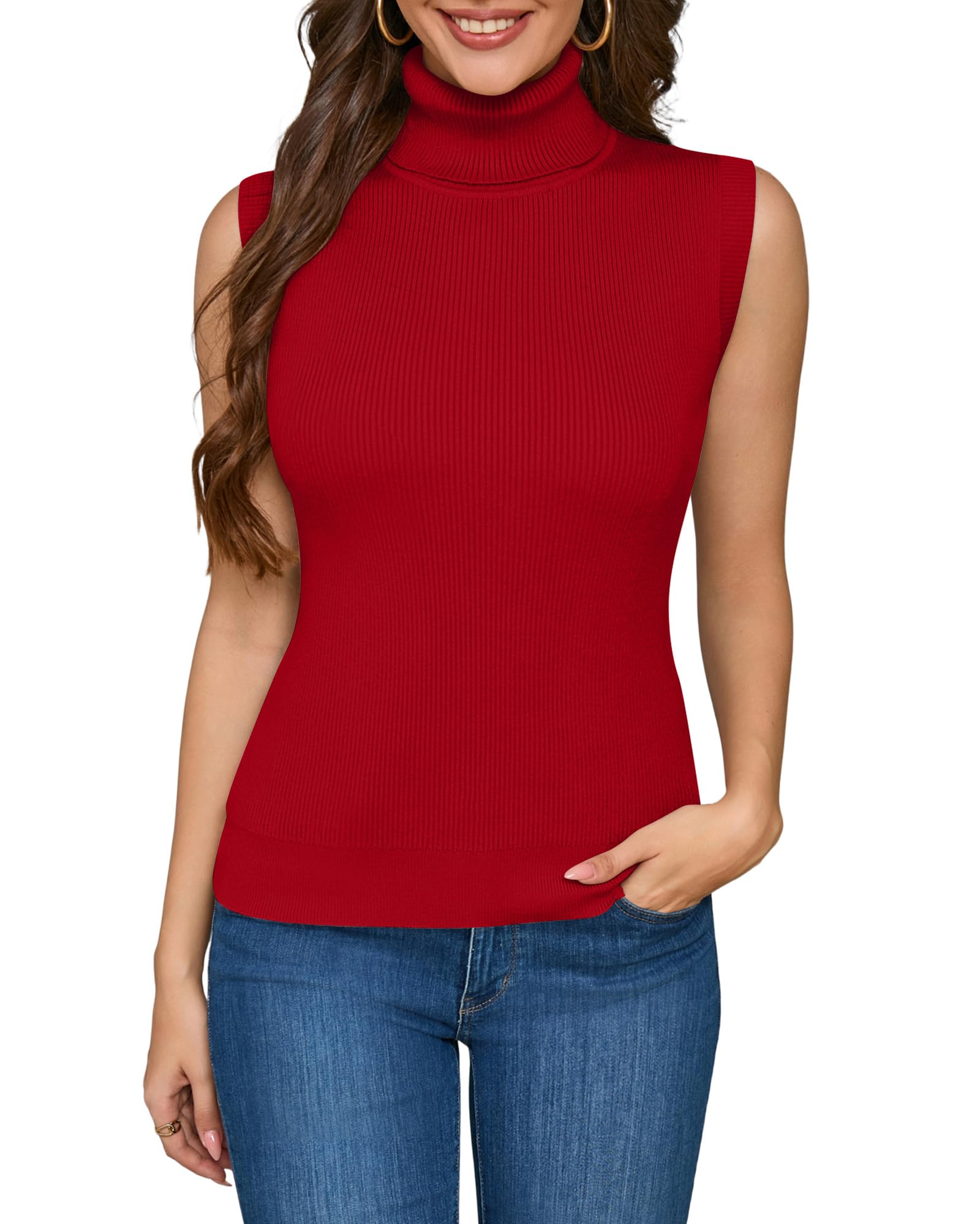 ALFYRCFT Sleeveless Turtlenecks for Women Mock Turtle Neck Ribbed Knit Pullover Sweater Vest Tank Tops Casual Stretchy 2025, Red, XL