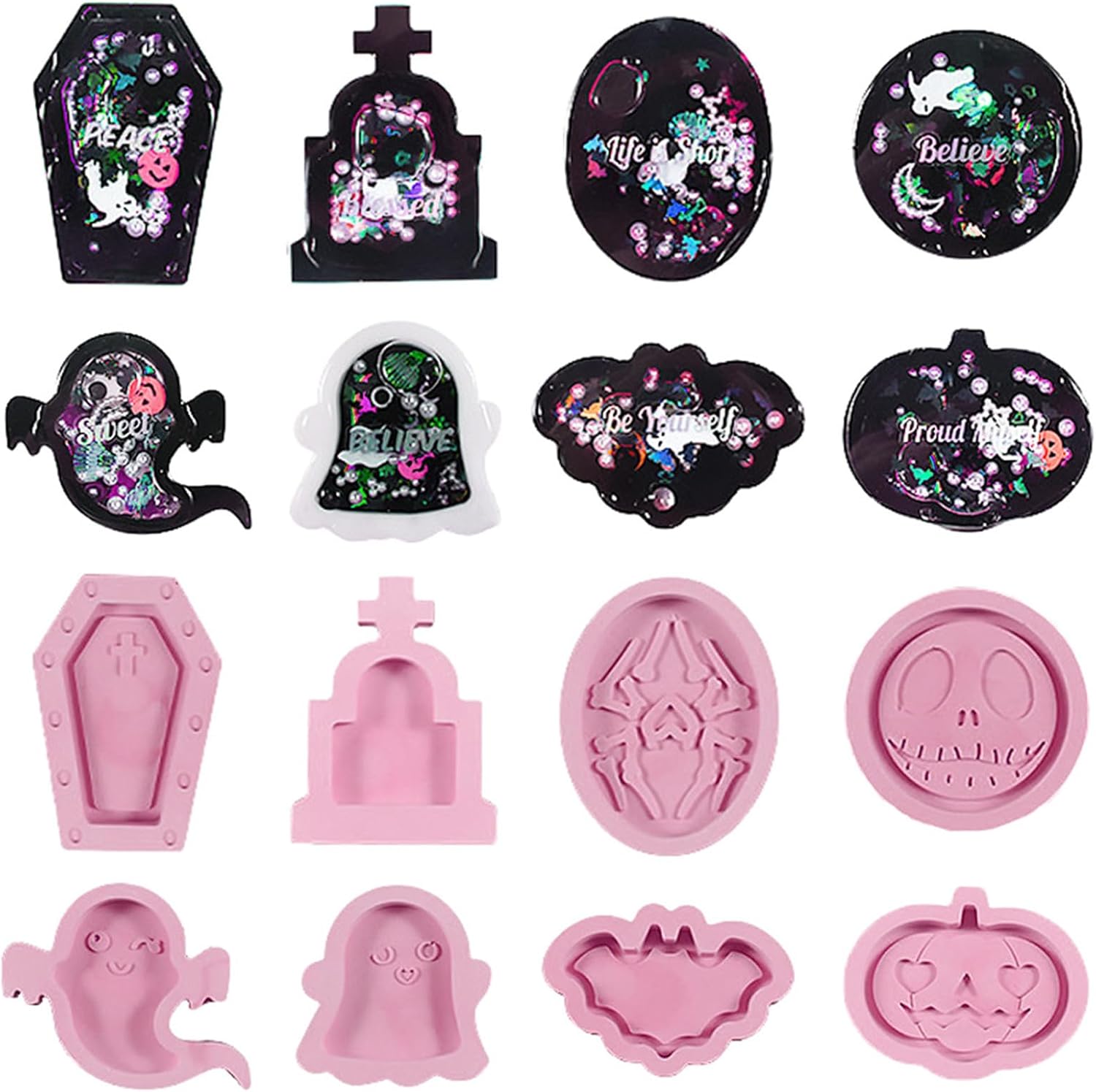 8pcs Halloween Resin Shaker Molds, Ghost Pumpkin Bat Tombstone Quicksand Casting Epoxy Resin Molds, Shaker Silicone Mold for Jewelry Pendant Keychains DIY Crafts