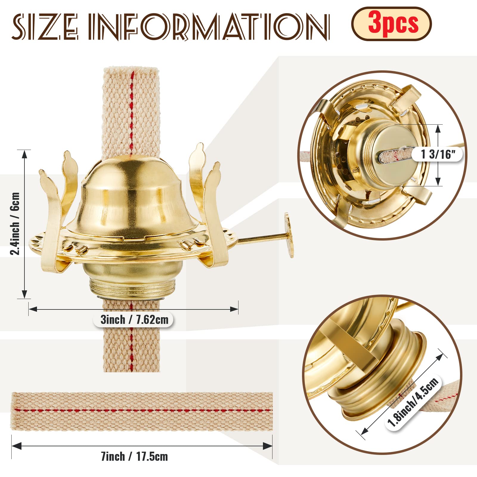 Oil Lamp Burner 3 Pieces Kerosene Oil Lamp Parts Brass Plated 2 Oil
