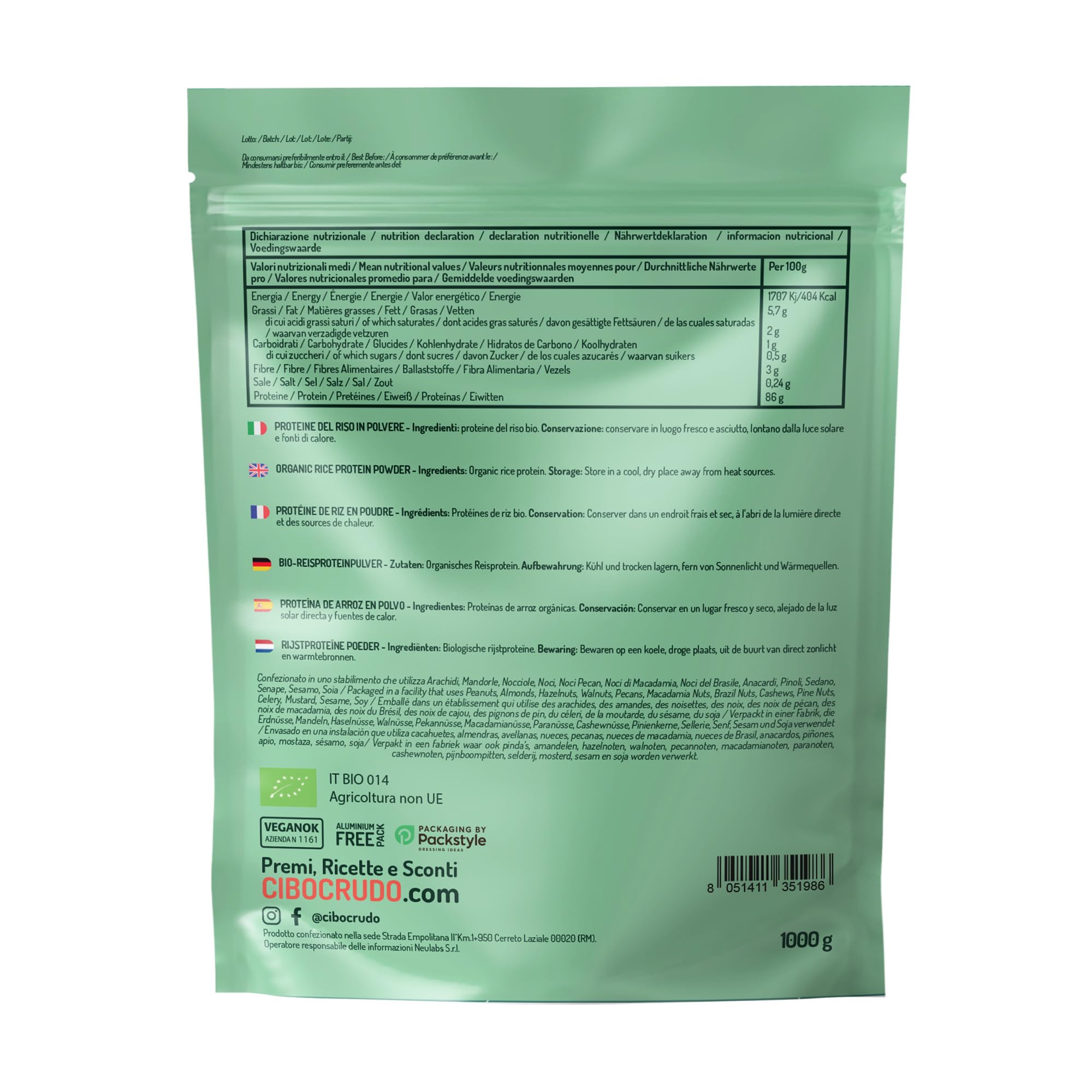 Protéines de Riz en Poudre Bio - 1 Kg. Proteines Vegetales et Vegan. Proteine Sans Lactose Gluten et OGM 100% Naturelle. Source de Protéine Végan et Vegetale.