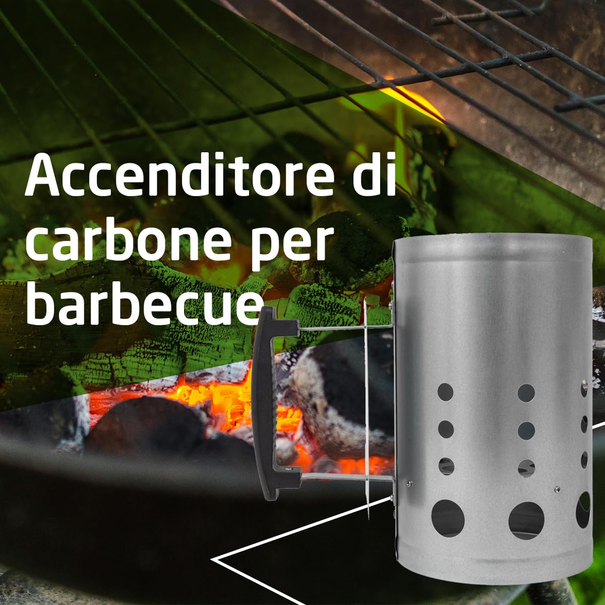 Amig - Accenditore per carbone Fireplus - Per barbecue - Realizzato in acciaio zincato - Impugnatura in plastica isolante dal calore - Dimensioni: 27 x 17,5 x 30 cm