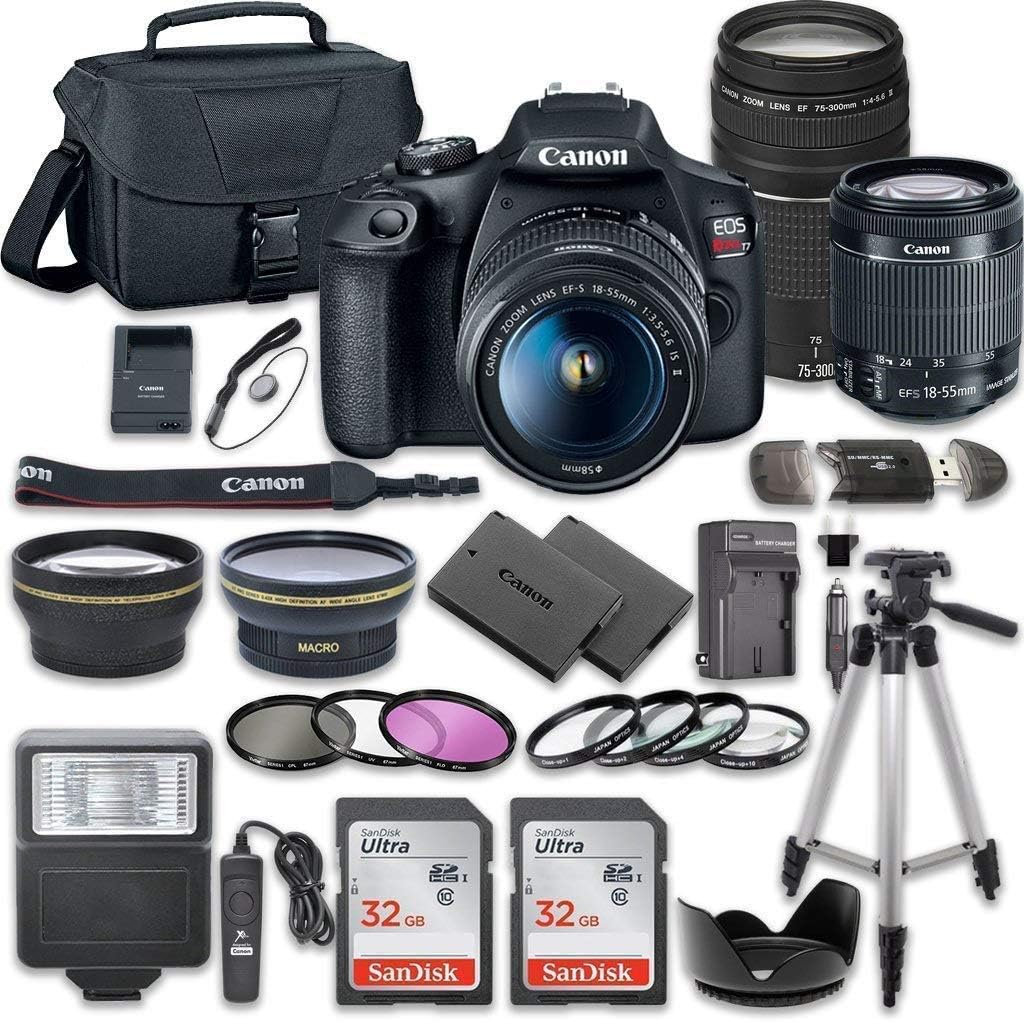 Canon EOS Rebel T7 DSLR Camera Bundle with Canon EF-S 18-55mm f/3.5-5.6 is II Lens + Canon EF 75-300mm f/4-5.6 III Lens + 2pc SanDisk 32GB Memory Cards + Accessory Kit (Renewed)