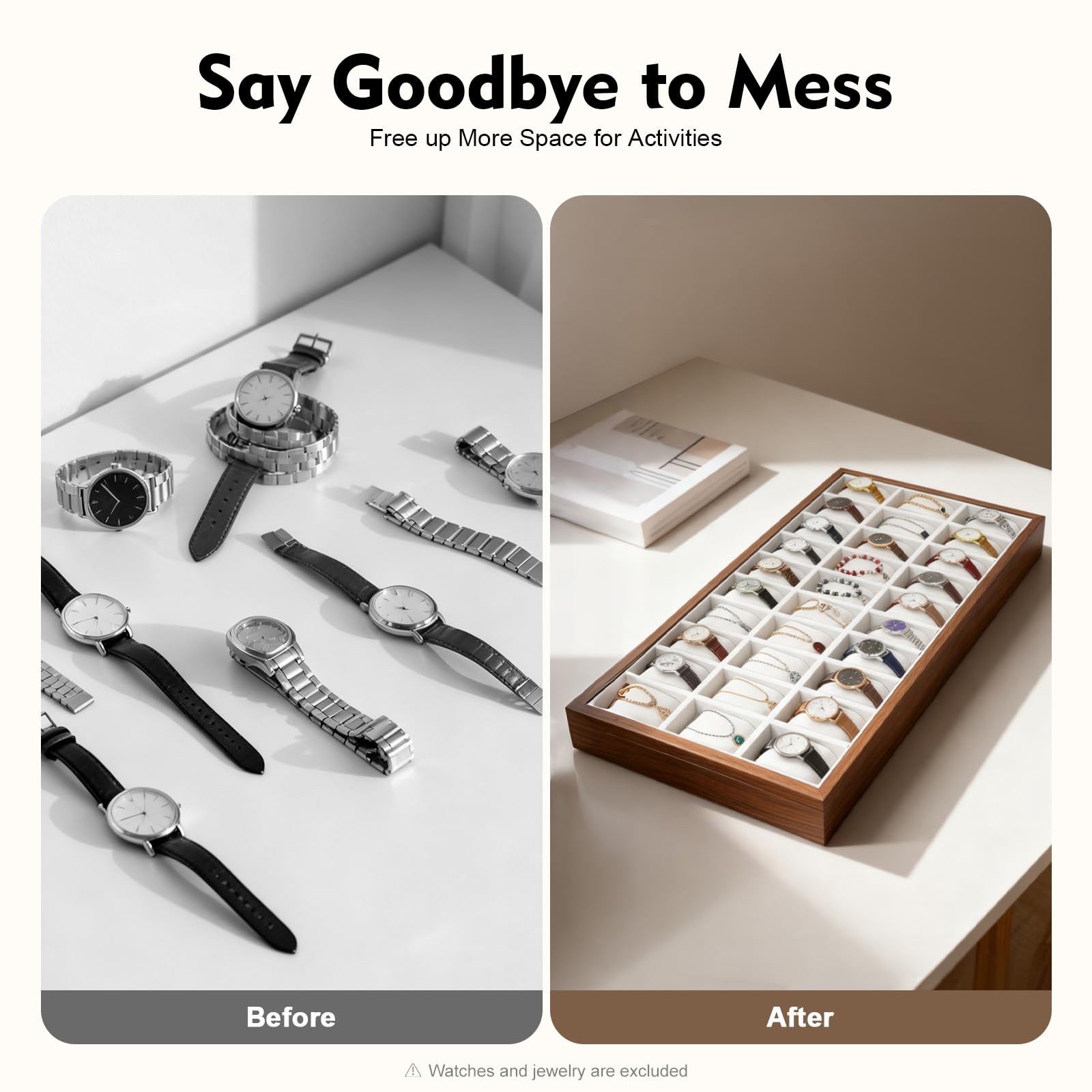 Madelynn Caja para relojes con 30 compartimentos, caja de 53,5 x 29,2 cm, organizador de MDF, caja de reloj con cojín suave, para relojes y joyas, regalo para coleccionistas
