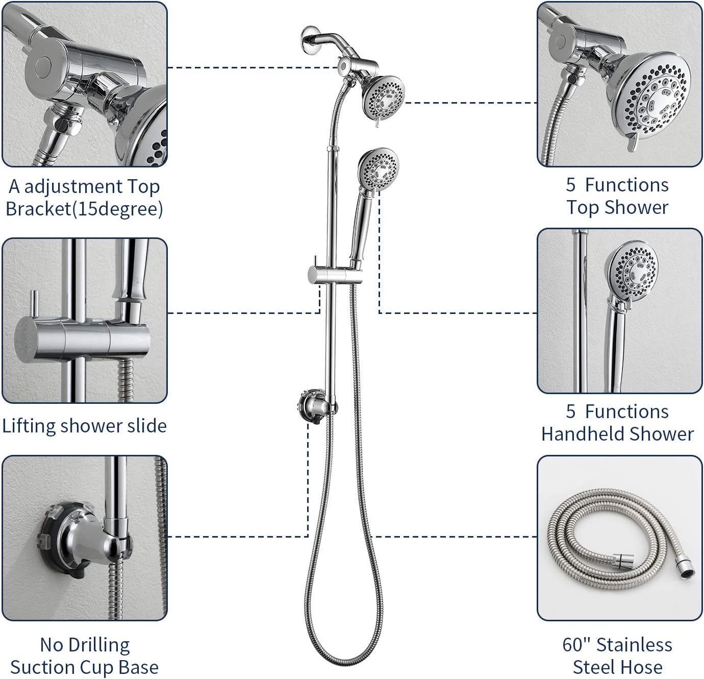 Suреr Brаndѕ HOMELODY Handheld Showerhead and Shower Head Shower Faucet Polished Chrome 4 Inch Dual Shower Head 5-Functions Liftable Shower Head Drill-free Shower System, with 60 Inch Stainless Steel Shower Hose
