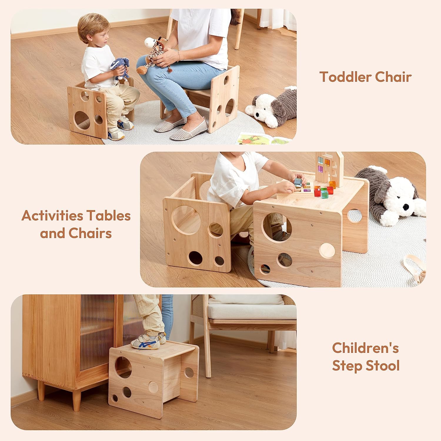 Montessori Beikosttisch kindertisch mit stühlen für Kleinkinder 1-3 Jahre, höhenverstellbar, Kinder-Tisch und Stuhl zum Lesen/Essen/Spielen, einfach aufzubauen