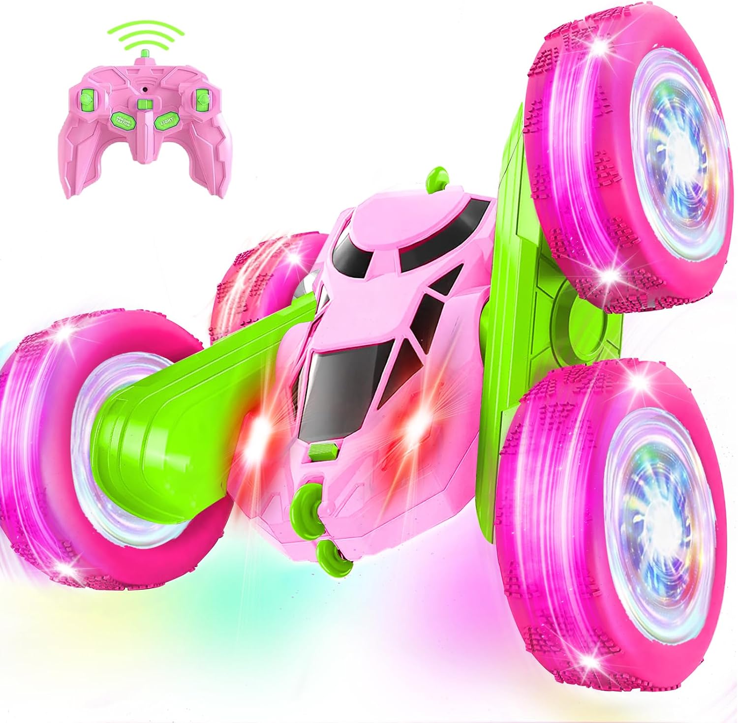 MidiVix Remote Controlled Car 2.4 GHz Double-Sided 360  Rotating RC Crawler with Headlights Wheel Lights 4WD Off Road Drift RC Car Toy Gifts for Girls Boys 6-12 Green Pink
