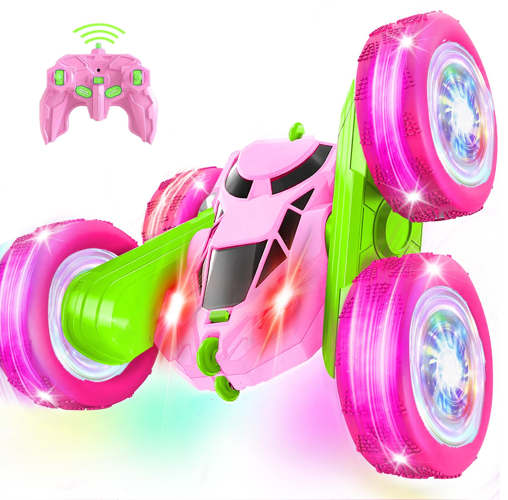 MidiVix Remote Control Cars Stunt RC Car, 2.4Ghz Double Sided 360ยฐ Rotating RC Crawler with Headlights and Wheel Lights, 4WD Off Road Drift RC Race Car Toy Gifts for Boys and Girls Aged 6-12 PinkGreen โ image 1