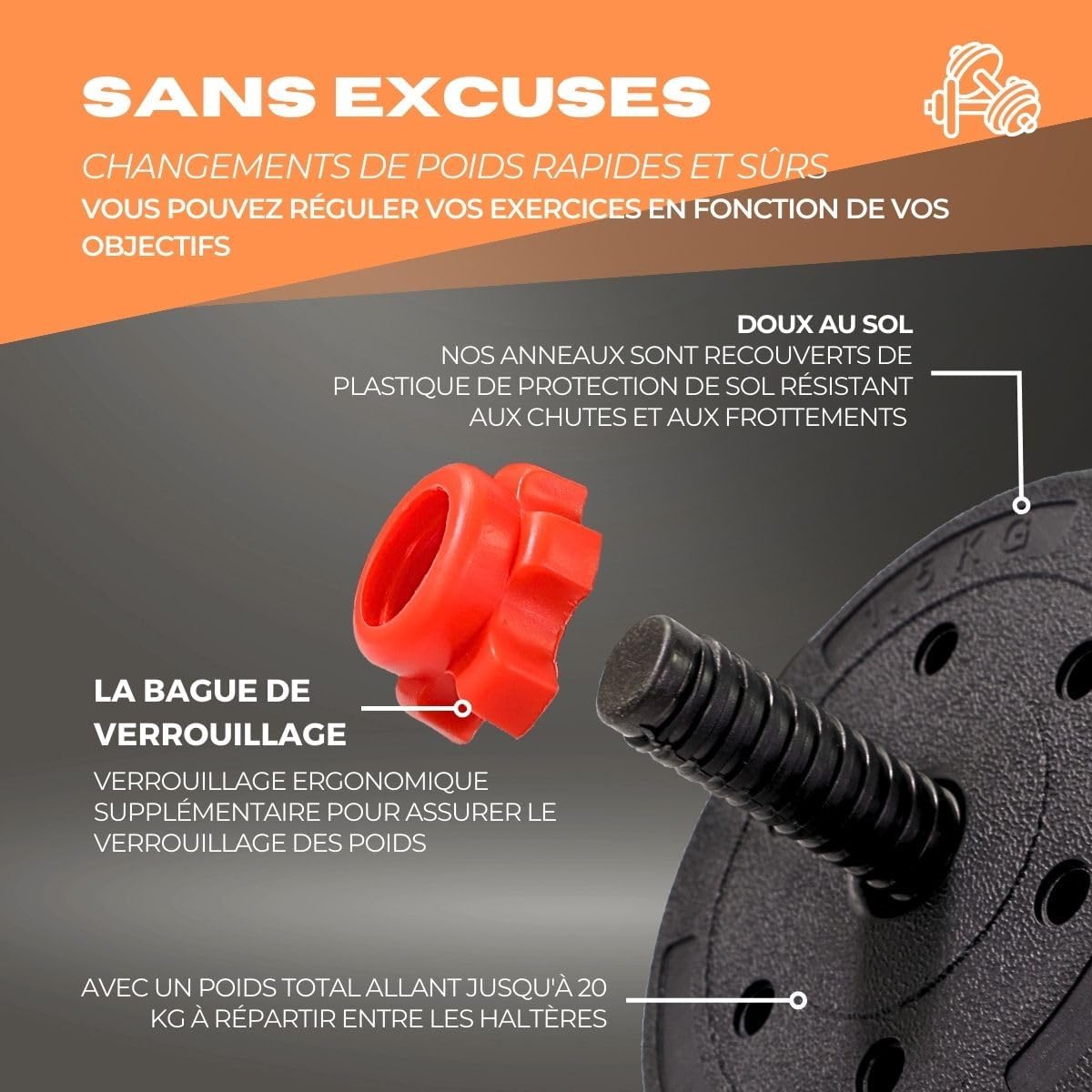 Close-up image showing a red spinlock collar being screwed onto a dumbbell bar with weight plates, highlighting the secure locking mechanism and the floor-protective PE material of the plates.