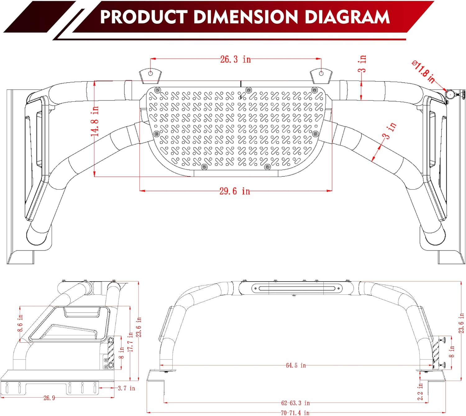Universal Truck Bed Roll Bar,Adjustable Bed Rack Stainless Steel Sport Roll Bar for Pickup,Compatible for Dodge Ram/Silverado/GMC Sierra/Ford F-150/F-250/F-350/Nissan Titan