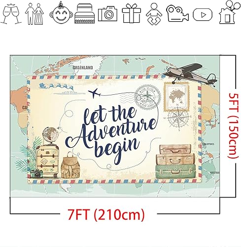 Miniatura 5 de Mocsicka Fondo de 7 x 5 pies con texto en inglés "Let The Adventure Begin", decoración de fiesta de baby shower, mapamundial, mapa mundial, viajes,