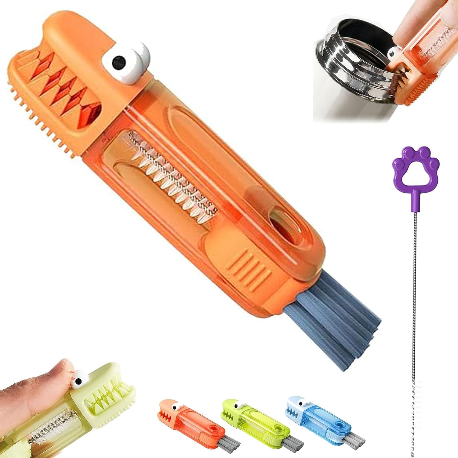 4-in-1 Multi-Function Gap Cleaner, Crocodile Shape Kitchen Cleaning Brush, Portable Crocodile Shape Silicone Cup Lid Cleaning Brush, 3-in-1 Bottle Clean-ing Brushs (Orange)