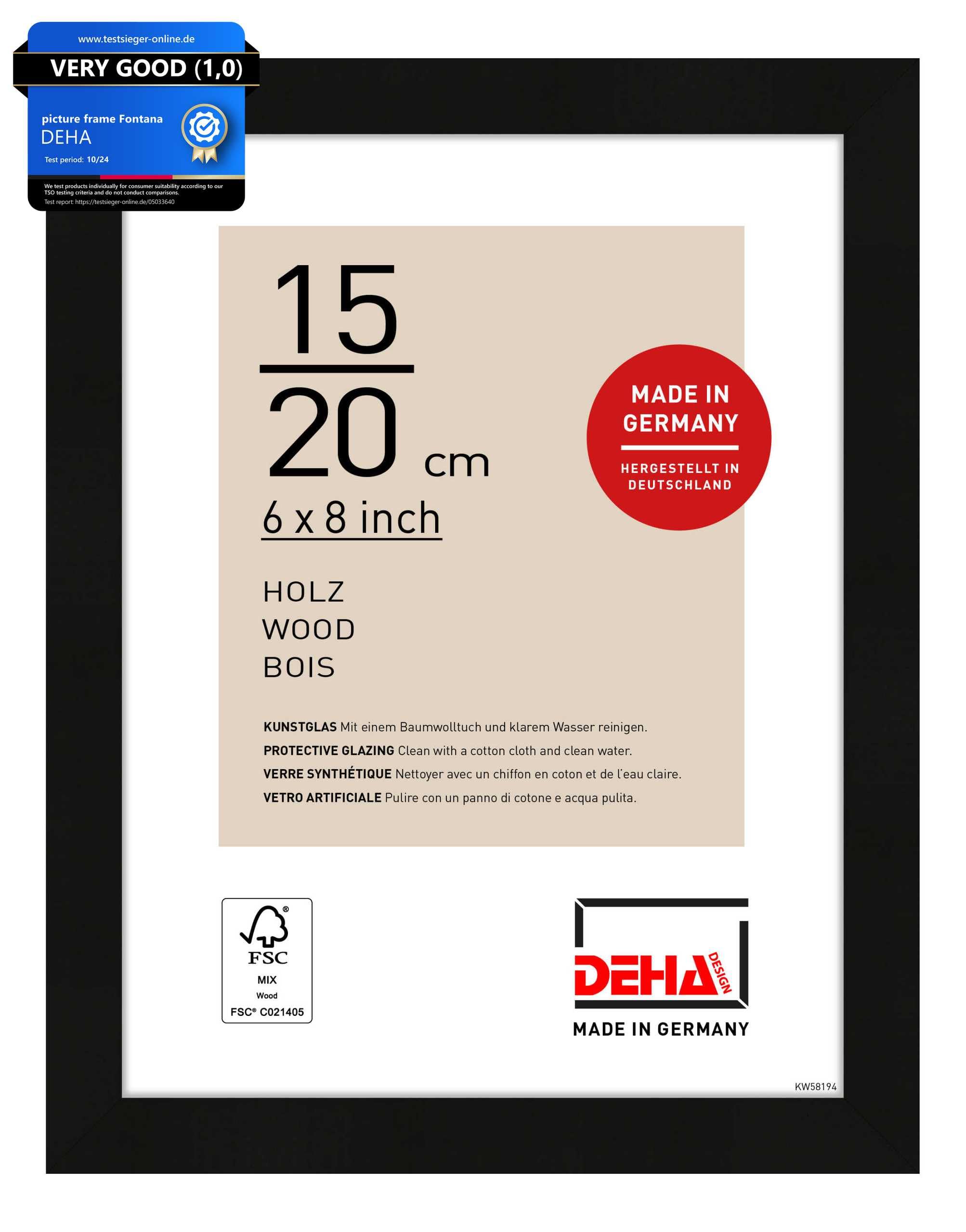 Deha Design Black Fontana Wooden Picture Frame - 15X20 cm (6X8 in) – - With Synthetic Glass And Push/Turn Clips