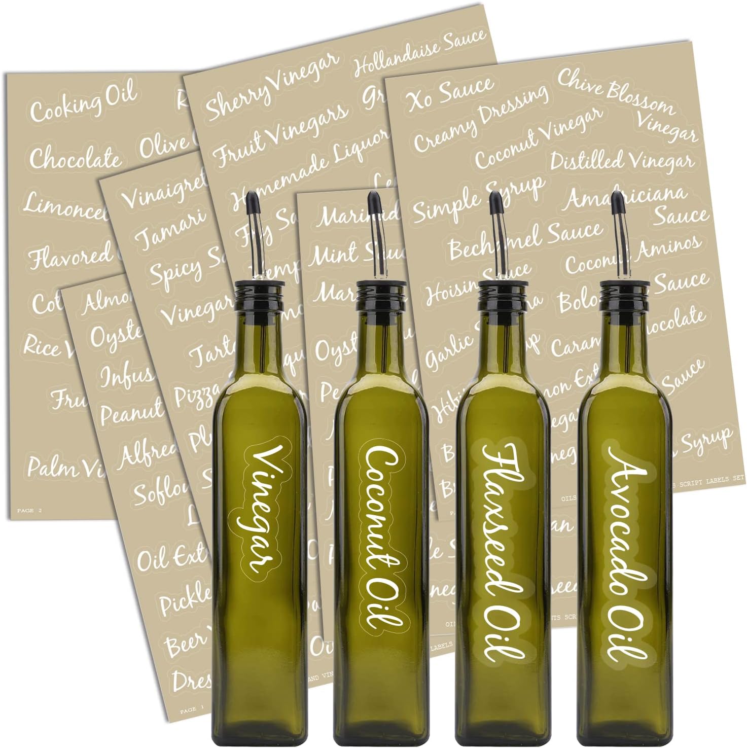 Prefdo132 Oil & Vinegar Bottle Labels, Bold Cursive Clear Waterproof & Oil-Proof Condiments Stickers Oil Dispenser Labels for Kitchen Organization and Storage(White)
