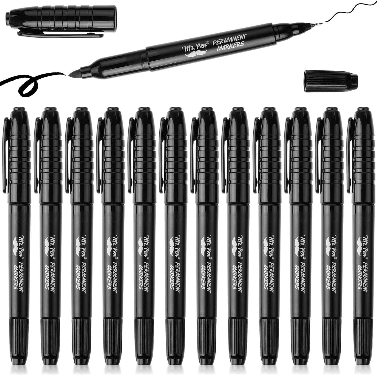 Mr. Pen Dual Tip Permanent Markers, 12 Pack, Black, Fine & Ultra Fine Tip, Fine