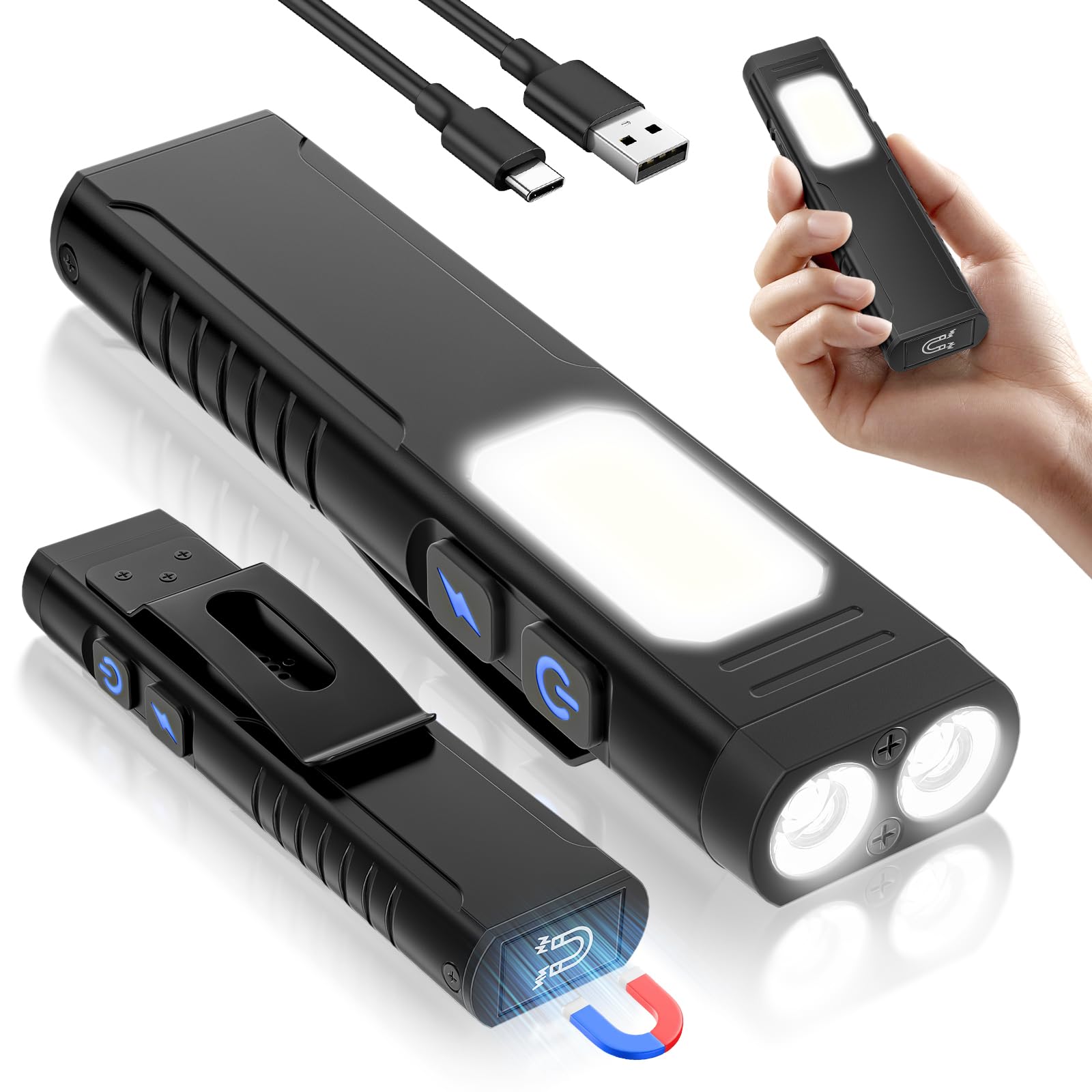 Luxfizz Aufladbar EDC Aluminiumlegierung LED Taschenlampe mit COB Seitenlicht Mini Taschenlampe Mit Clip, Magnetfuß, 7 Modi, Usb C Kabel Für Camping, Notfall, Beleuchtung Werkzeug (black)