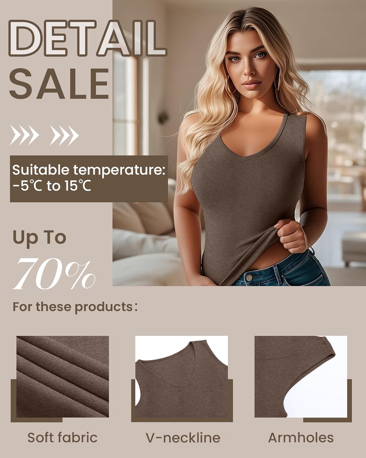 4 Pack Women's Thermal Tank Tops, V Neck Fleece Lined Underwear Top Sleeveless Warm Cami Base Layer Vest - Image 4