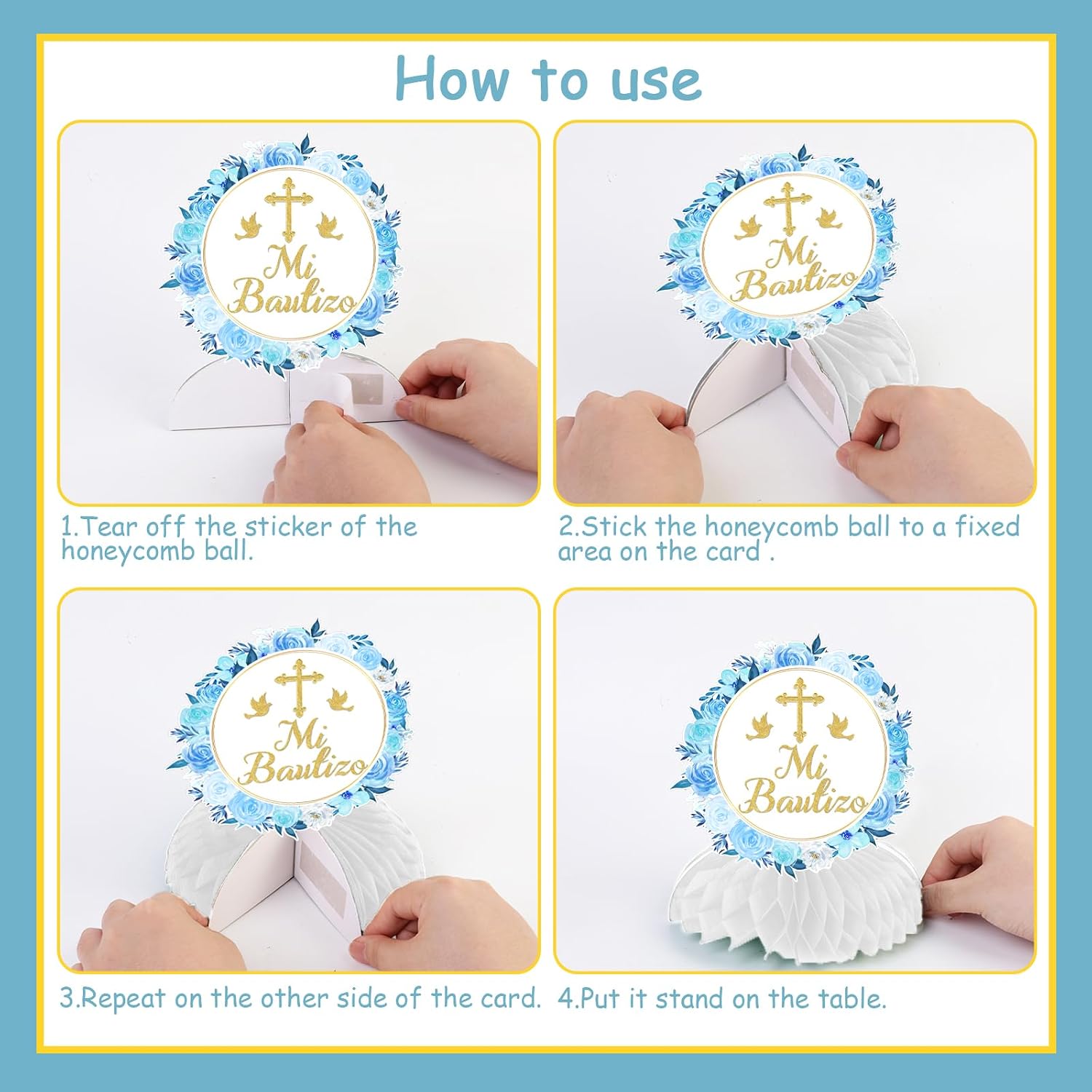 8Pcs Mi Bautizo Baptism Honeycomb Centerpieces, First Holy Communion Table Decorations 3D Table Toppers, Blue Floral God Bless Baby Shower Birthday Party Supplies