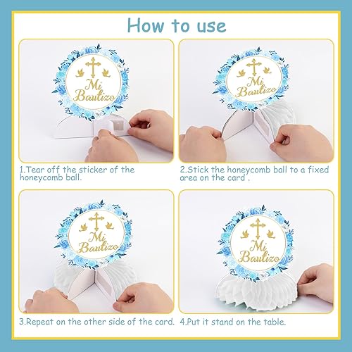 Miniatura 6 de 8 piezas de centros de mesa de nido de abeja Mi Bautizo para niños, decoración de baby shower para niños, decoración floral azul de Dios bendiga la