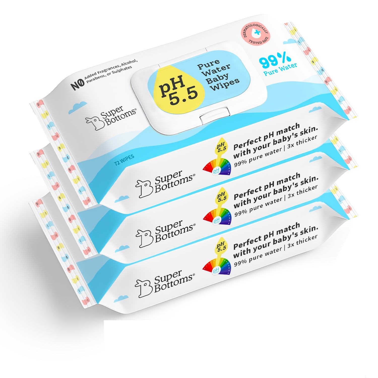 SuperBottoms 99% Pure Water Baby Wet Wipes - Skin-Friendly 5.5 pH Formula - Gentle & Biodegradable Wet Wipes for Baby - Dermatologically Tested - Thick & Durable (Pack of 3, 216 pcs)